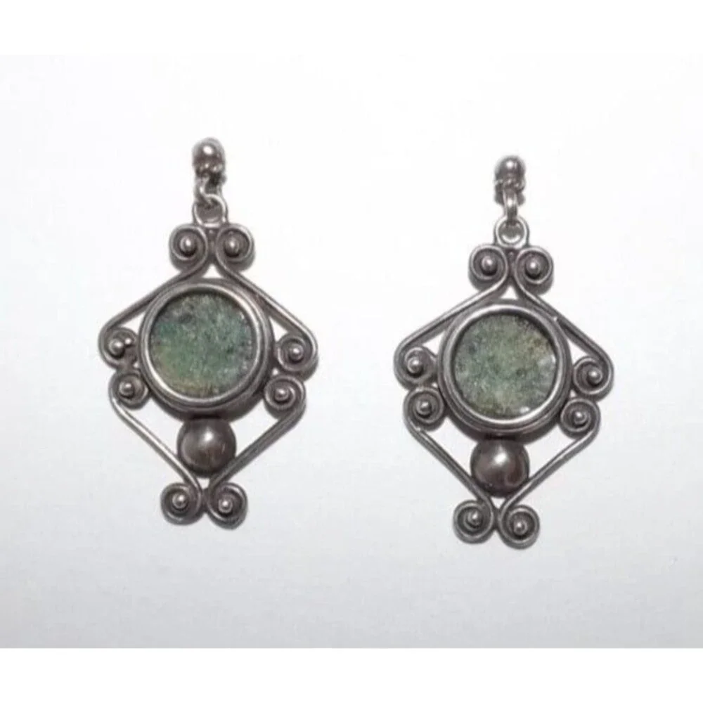 Ancient Roman Glass Vintage Sterling Silver Scroll Dangle Earrings